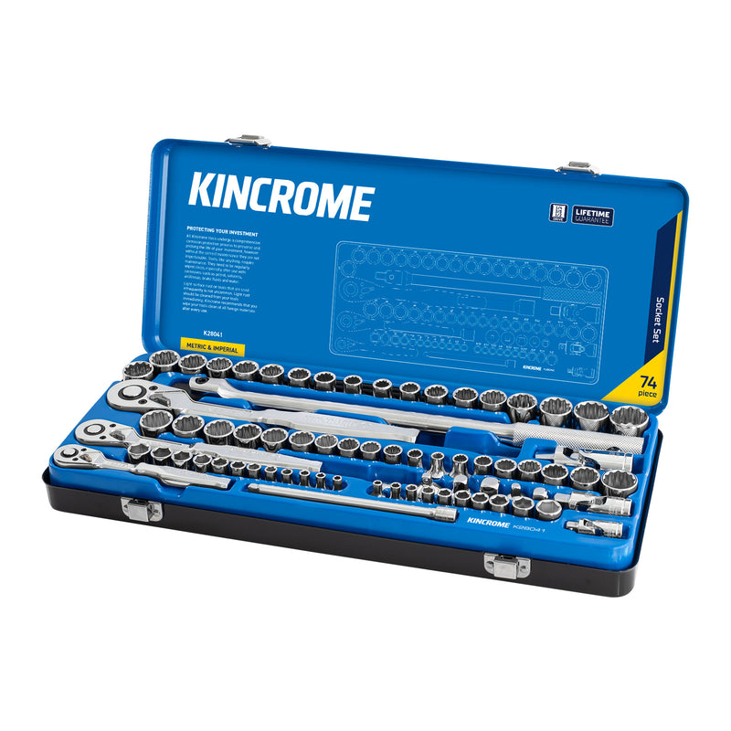KINCROME SOCKET SET 74PC 1/4, 3/8 & 1/2DR - METRIC & IMPERIAL