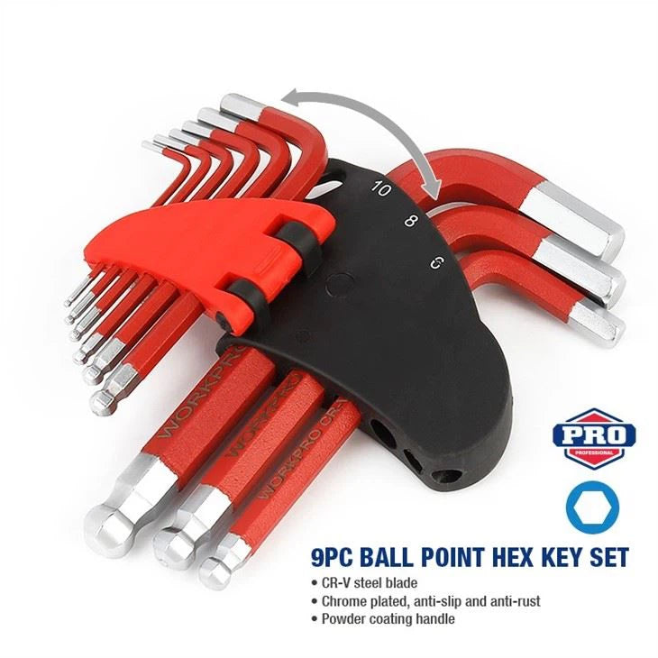 WORKPRO 9PC SHORT ARM BALL POINT HEX KEY SET (SAE)