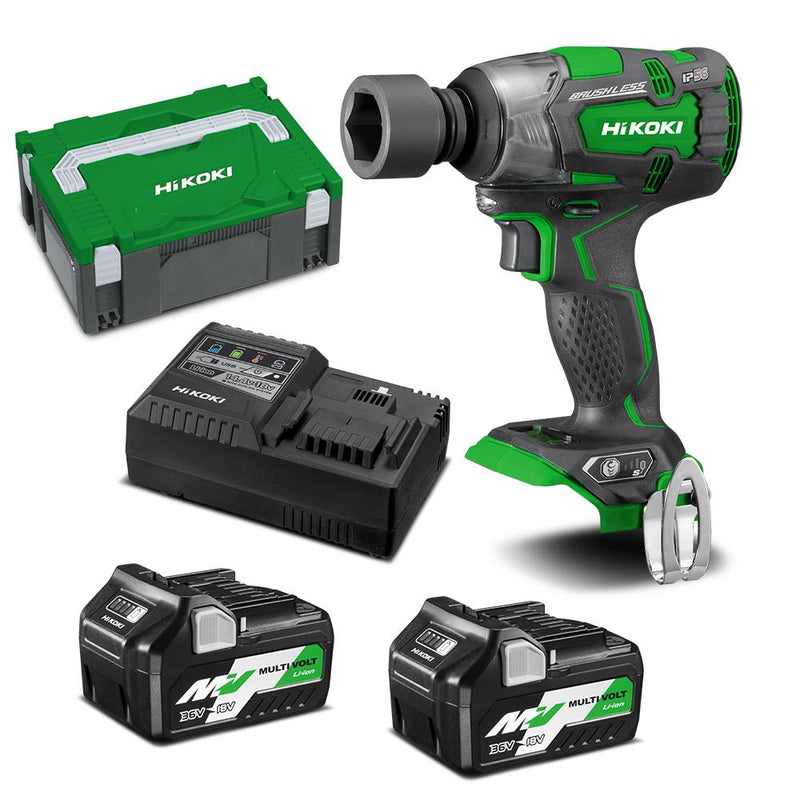 HIKOKI18V BRUSHLESS 12.7MM (1/2") IMPACT WRENCH, IP56
- 2 X BSL36A18 LI-ION SLIDE BATTERY A
- 1 X UC18YSL3 RAPID CHARGER WITH COOLING & USB PORT